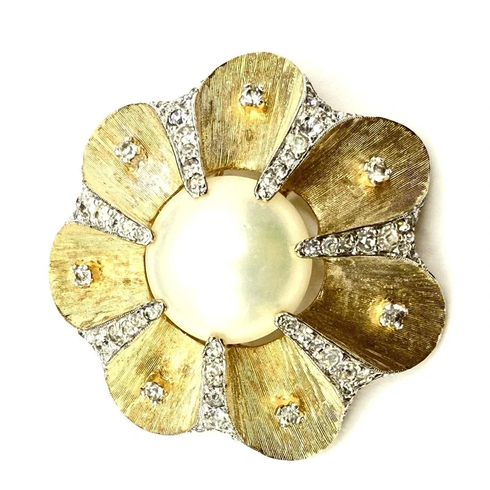 Rare Vintage Jomaz Brooch Earrings Set Gold Tone Crystal Faux Pearl Floral Clip